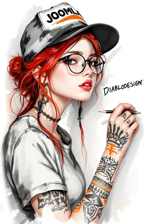 Illustration of a young woman with long red hair tied in a ponytail. She is wearing a cap with the word 'JOOMLA', glasses, and has several geometric tattoos on her neck, arm, and hand. The woman is holding a brush and writing the 'DiabloDesign' logo on the wall.