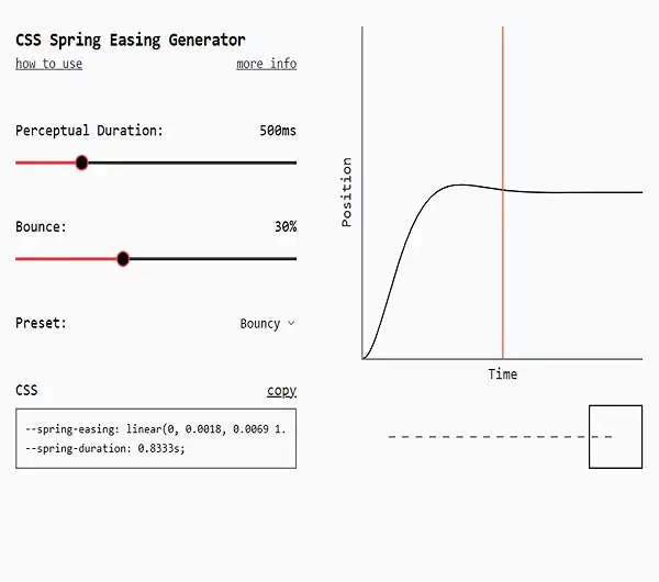 CSS Spring Easing Generator interface showcasing animation parameters