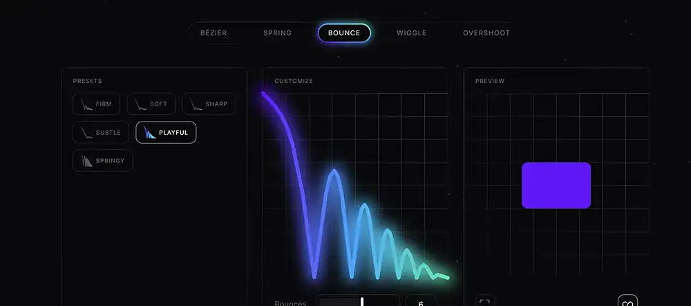 Screenshot of Easing Wizard interface showcasing various easing curves and customization options.