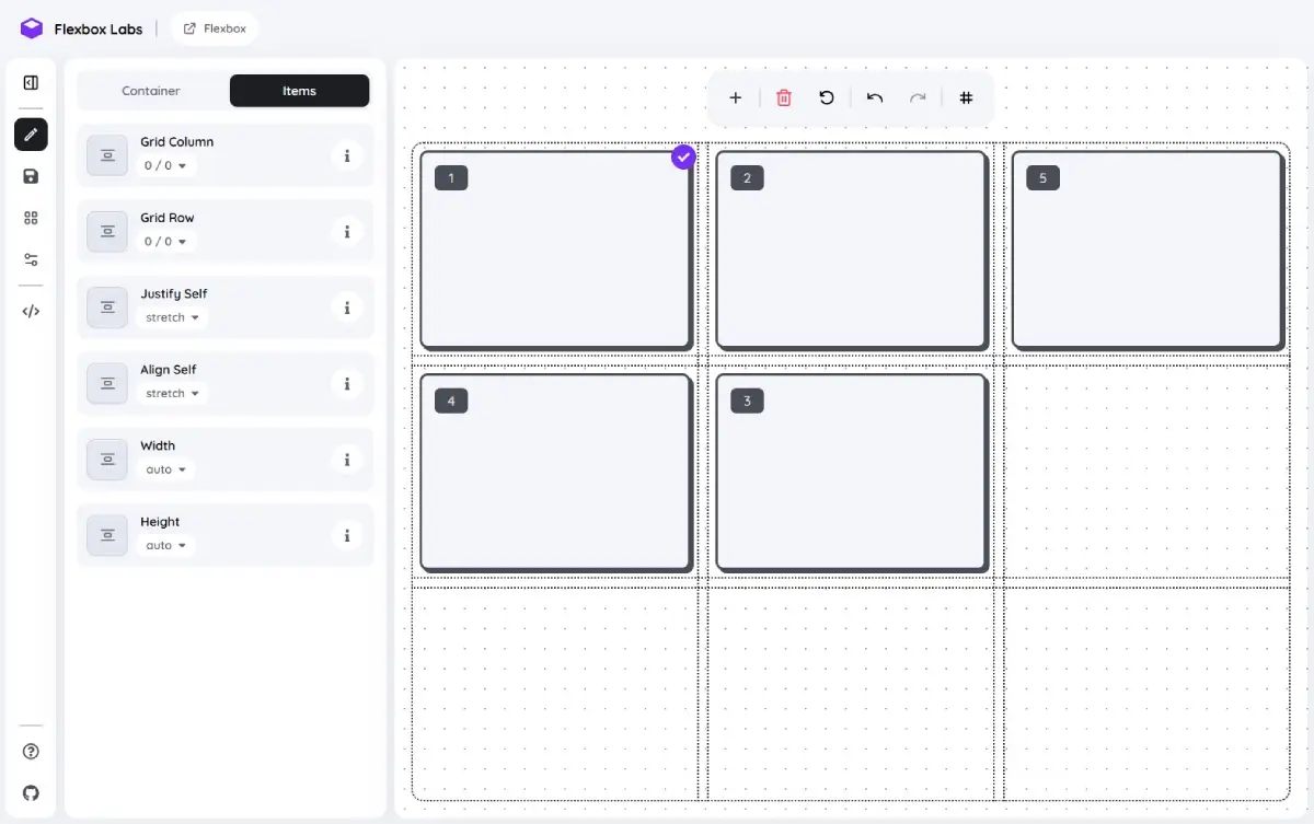 Screenshot of Flexbox Labs interactive interface demonstrating CSS Flexbox properties in action.