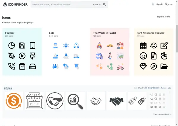 A screenshot of the Iconfinder homepage, displaying several popular icon sets: Feather (black line icons), Leto (blue business icons), The World in Pastel (colorful illustrations), and Font Awesome Regular (solid black icons). Below, there are additional icons from iStock, including business and finance-related symbols.