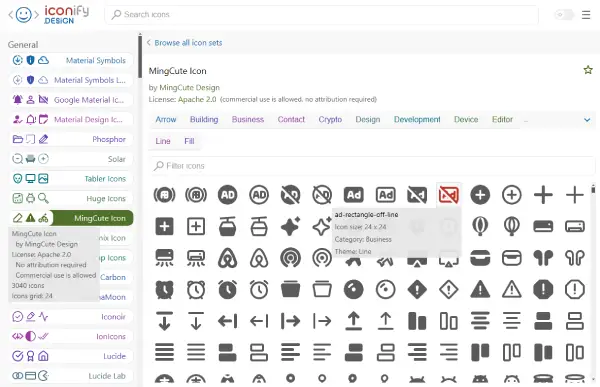 Iconify framework displaying multiple icons from popular icon sets