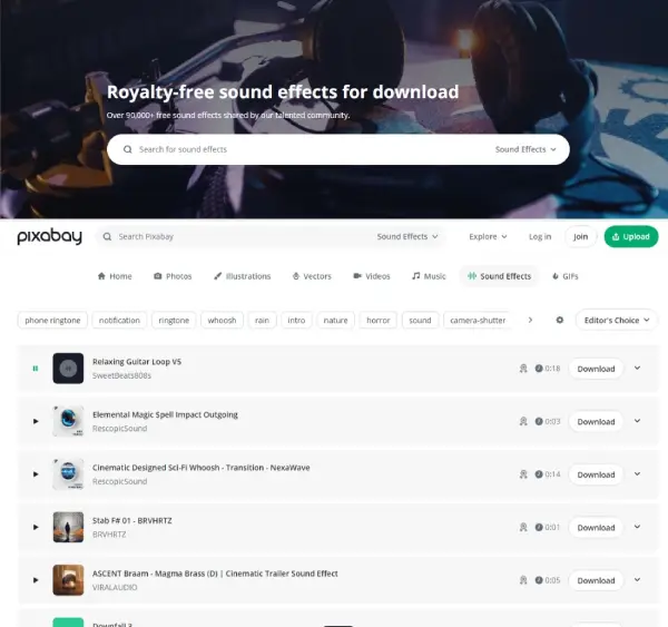 A vast library of royalty-free sound effects available for download.