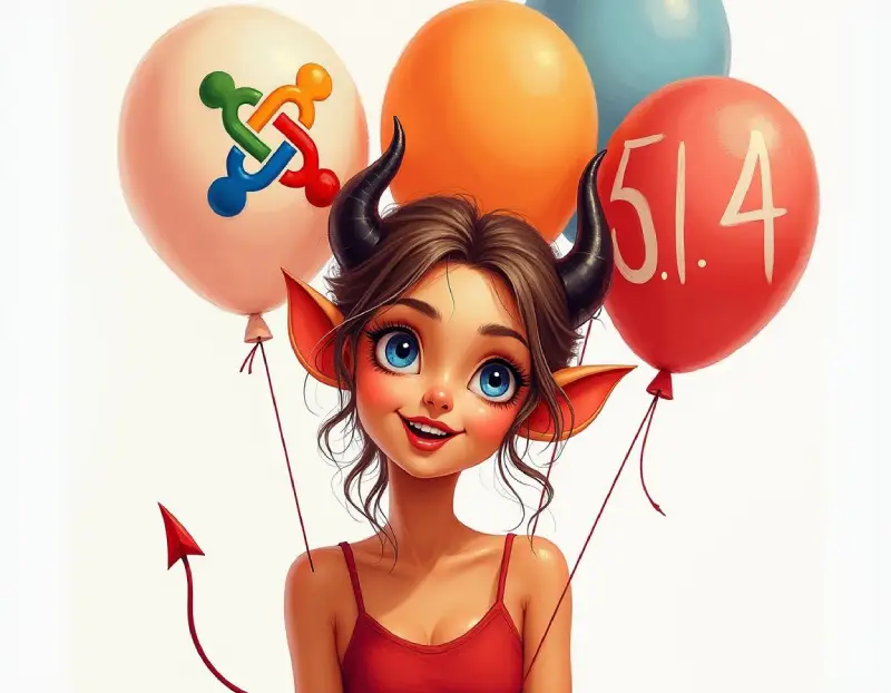 A playful, cartoonish demon girl with bright eyes and small horns is holding three colorful balloons. One balloon features the Joomla logo, while another is marked with &quot;5.1.4&quot;, signifying the latest update. The image blends whimsy with a touch of devilish charm.