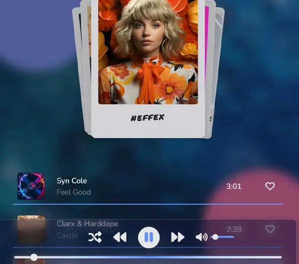 Interactive Swiper Card Slider with integrated music player for enhanced user engagement.