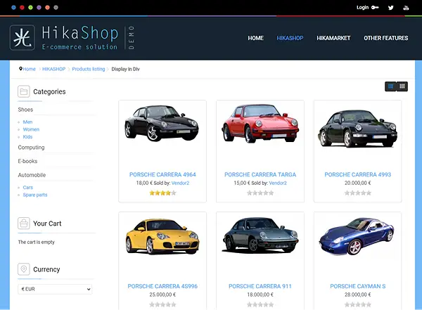  Screenshot of HikaShop extension interface showing product management features in a Joomla-based online store