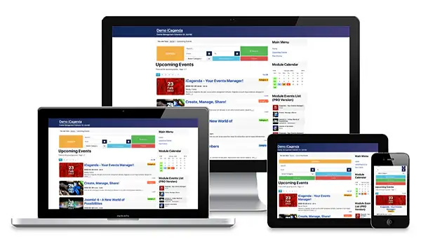 Screenshot of iCagenda's event calendar interface on a Joomla! website.