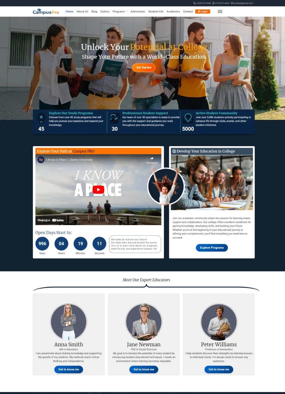 Website template for CampusPro, displaying a university or college-themed homepage. The header includes a navigation bar with links for Home, About Us, Blog, Gallery, Programs, Admissions, Student Life, and other sections. Below the header, there is a hero section with an image of students walking on campus, a large text 'Unlock Your Potential at College' with a call-to-action button 'Get Started'. Below the hero, there are three informational boxes showcasing study programs, student support, and the active student community with relevant statistics. The next section features a video embed, a countdown to 'Open Days', and a promotional block for college education programs. Further down, there is a 'Meet Our Expert Educators' section, displaying three educator profiles with their names, roles, and 'Get to know me' buttons beneath each photo.