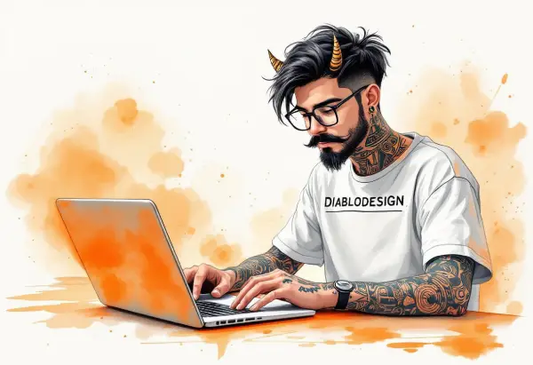 &quot;A stylish man with tattoos and small devil horns is working on a laptop. He is wearing glasses and a white T-shirt with the text 'DIABLODESIGN'. The background features soft orange watercolor splashes, giving the image a creative and artistic feel.